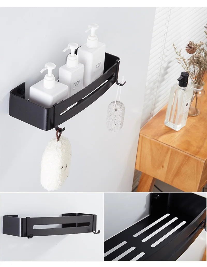 Bathroom Shelf Organizer Shower Storage Rack Black Corner Shelves Wall Mounted Aluminum Toilet Shampoo Holder No Drill