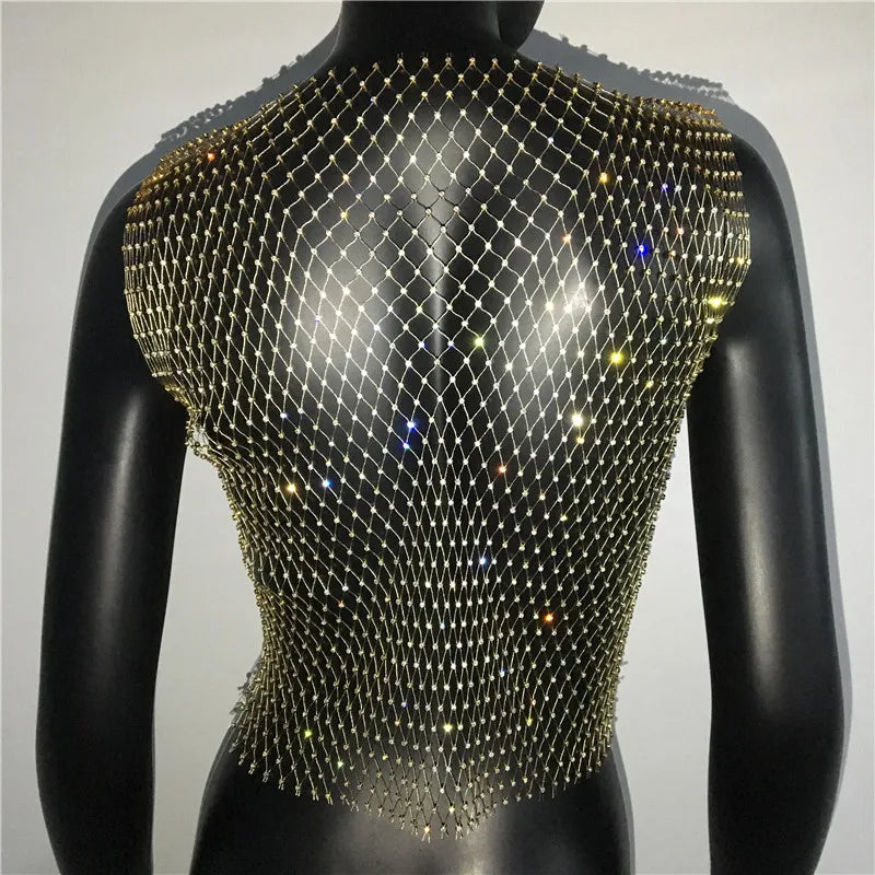FestivalQueen Sexy Diamonds Mesh Cropped Tank Top Women Summer Cover Up Bikini See Through Rhinestone Net Party Club Crop Top