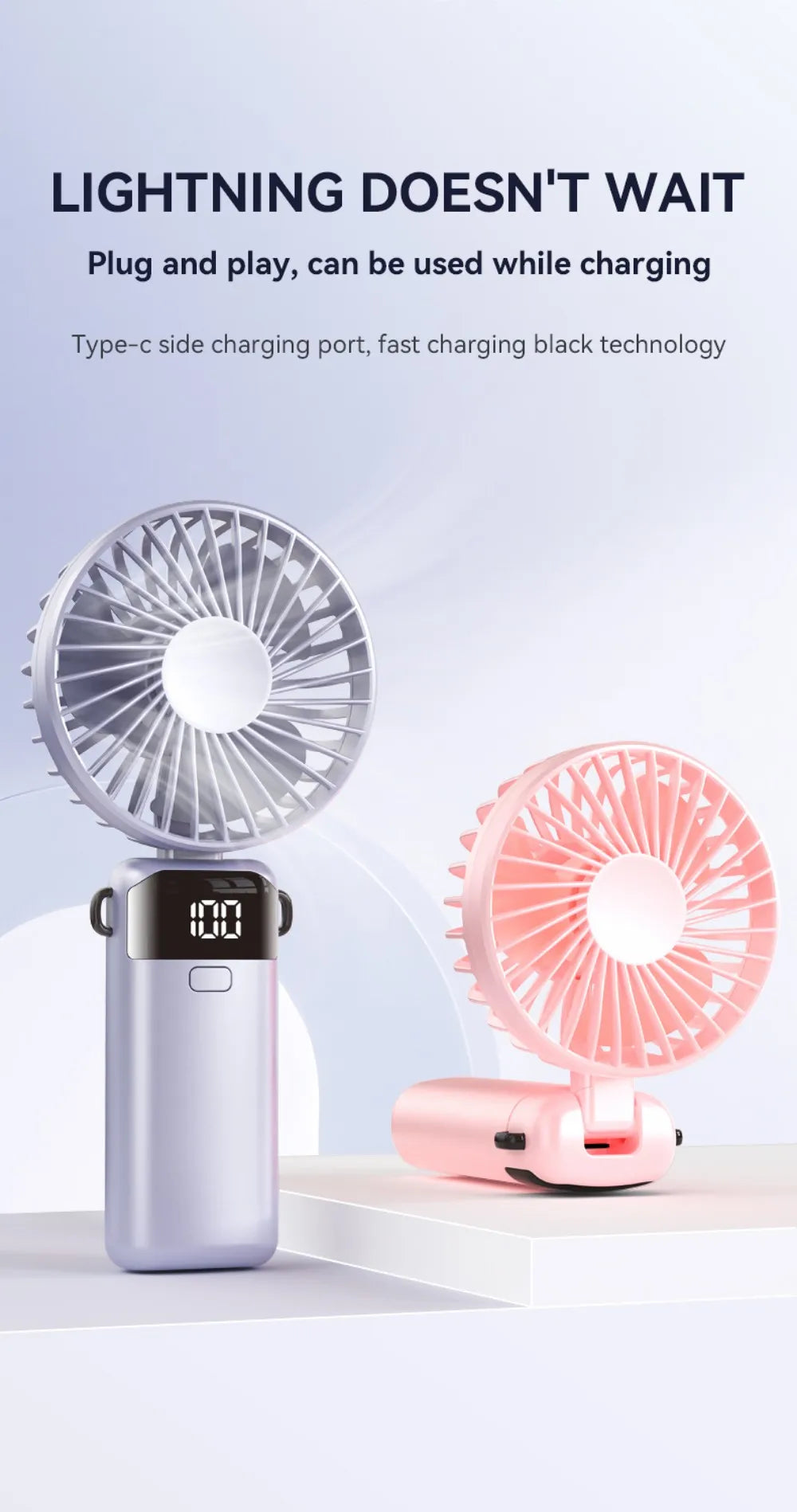 Portable Mini Fan USB Outdoor Handheld Fan with Desktop Phone Holder 3Wind Adjustments Long Working Life Multi-function Mini Fan