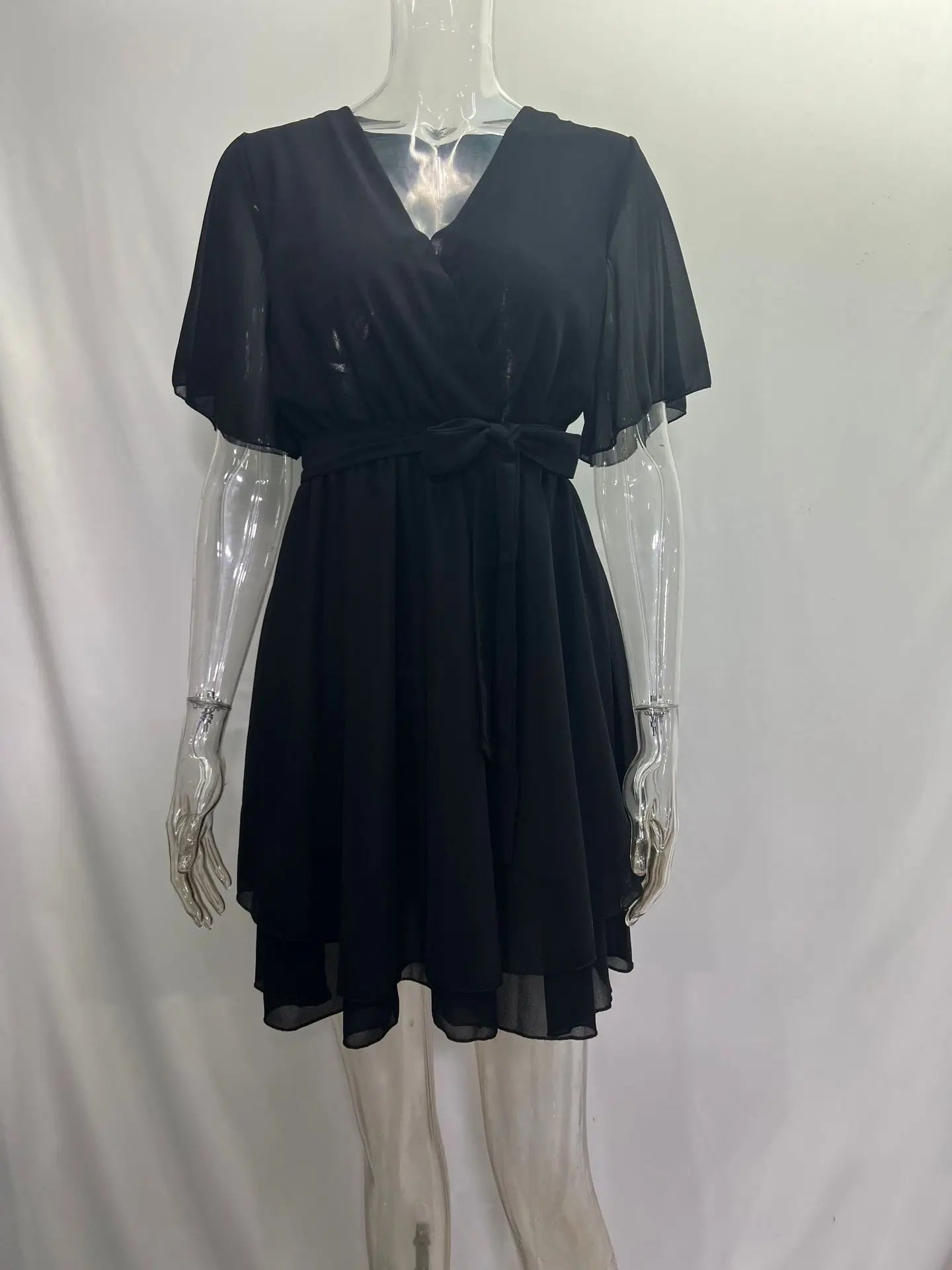 Women White Black Dress Summer Sexy V-neck Cross Strap Mini Skirt Ruffled Hem Chiffon Dress Female Fashion Casual Beach Dresses