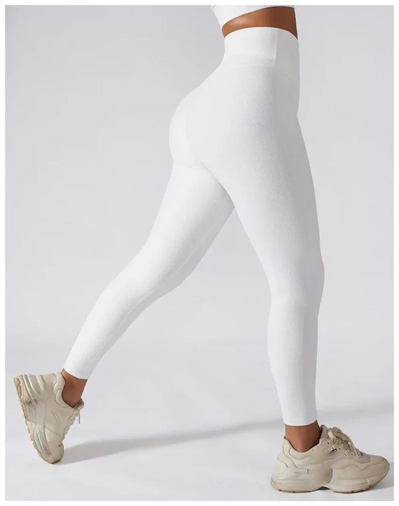 High Waist Yoga Pants Women Seamless Sport Pants Ribbed Knitted Fitness Leggings Solid White Running Pants Quick Dry Gym Leggins