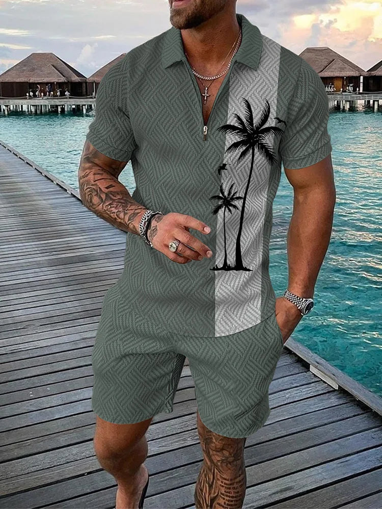 Funny Coconut Tree Print Men's Sets Summer Fashion Zip Polo Short Sleeve Tops +Shorts Outfit Hawaiian Beach Vacation Casual Suit