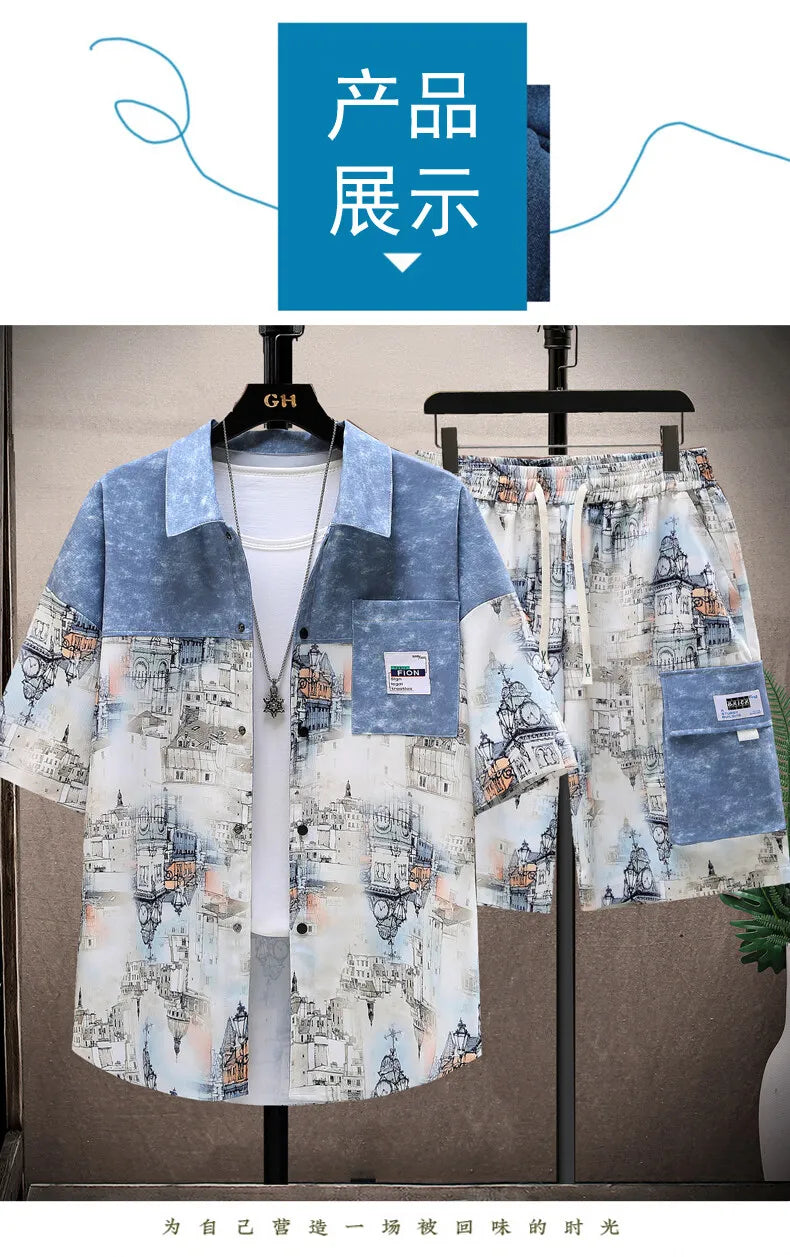 Shirts + shorts 2025 summer Sportswear Men's fashion short sleeve printing Sets Male shirts and shorts Casual Shirts Two Piece