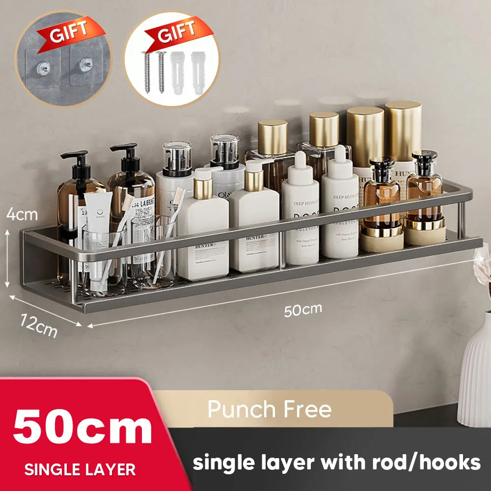 30/40/50CM Punch-Free Bathroom Shelf Shampoo Rack Aluminum Shower Organiser Without Drilling Toilet Shelf Bathroom Accessories