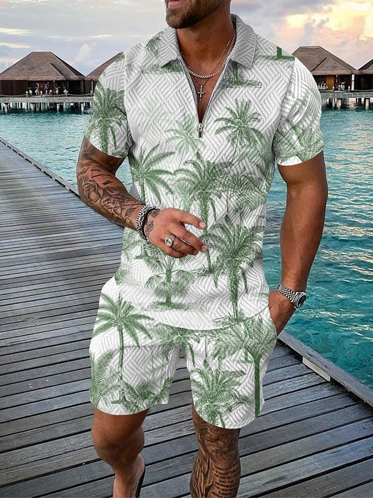 Funny Coconut Tree Print Men's Sets Summer Fashion Zip Polo Short Sleeve Tops +Shorts Outfit Hawaiian Beach Vacation Casual Suit
