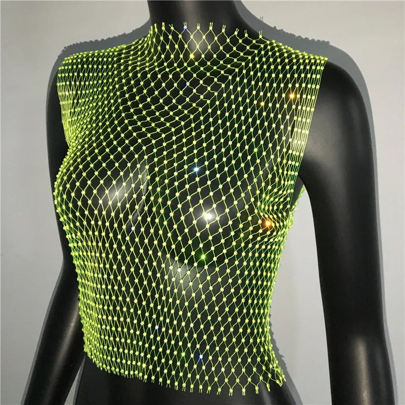FestivalQueen Sexy Diamonds Mesh Cropped Tank Top Women Summer Cover Up Bikini See Through Rhinestone Net Party Club Crop Top