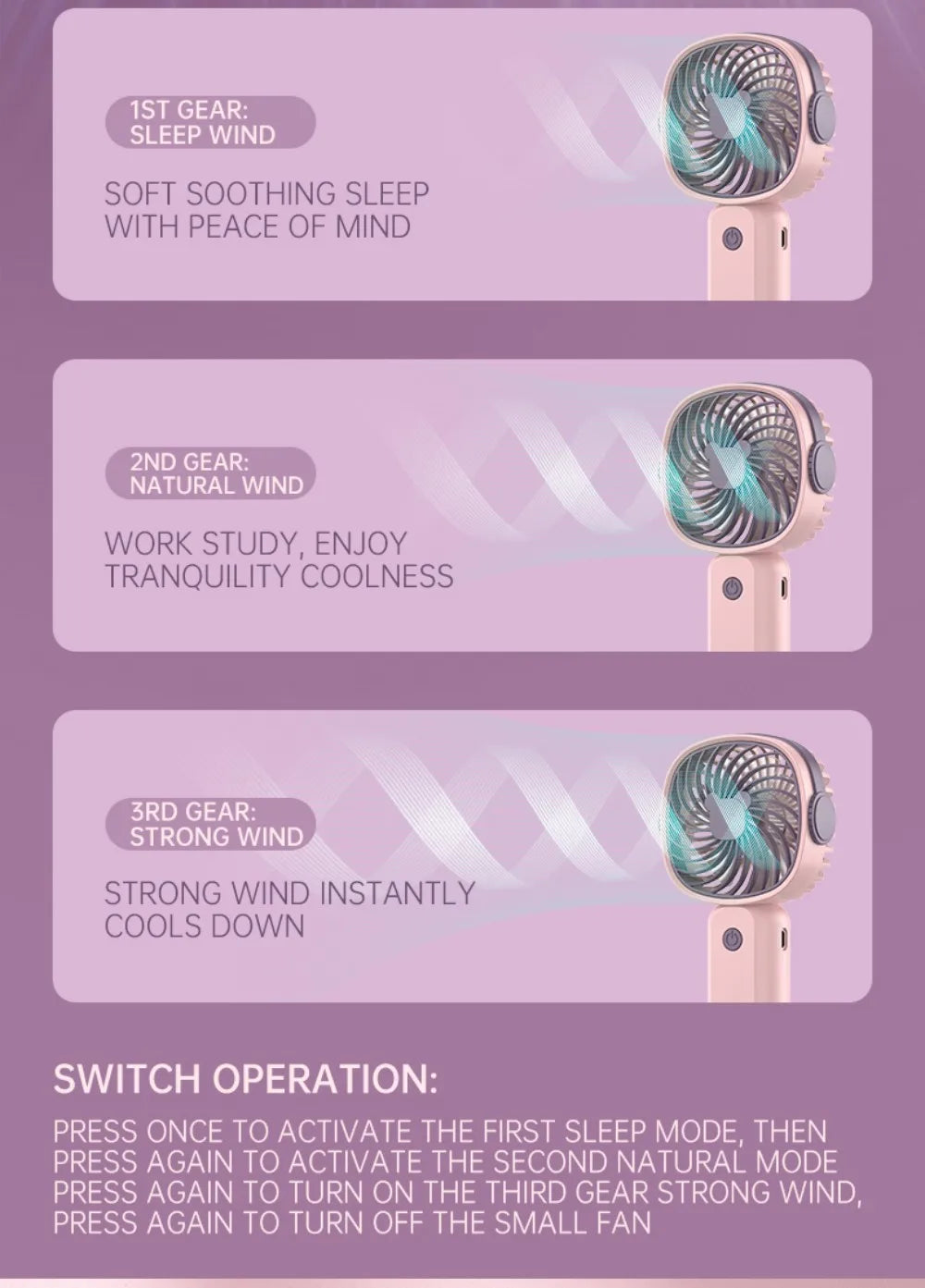 Portable Mini Fan USB Outdoor Handheld Fan with Desktop Phone Holder 3Wind Adjustments Long Working Life Multi-function Mini Fan