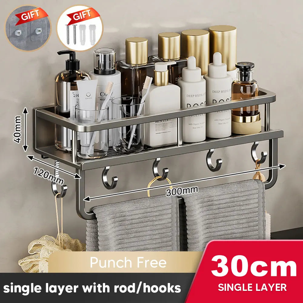30/40/50CM Punch-Free Bathroom Shelf Shampoo Rack Aluminum Shower Organiser Without Drilling Toilet Shelf Bathroom Accessories