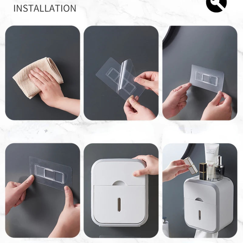 Storage Box Toilet Paper Organizer Waterproof High Capacity Dust-proof Punch-free Wall Mounted Roll Paper Bathroom Home Supplies
