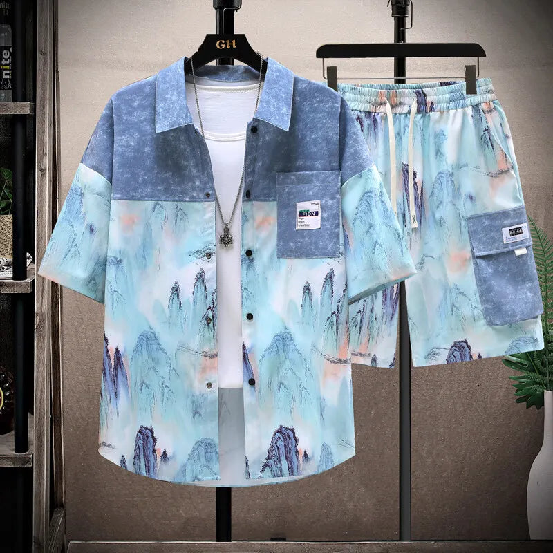 Shirts + shorts 2025 summer Sportswear Men's fashion short sleeve printing Sets Male shirts and shorts Casual Shirts Two Piece