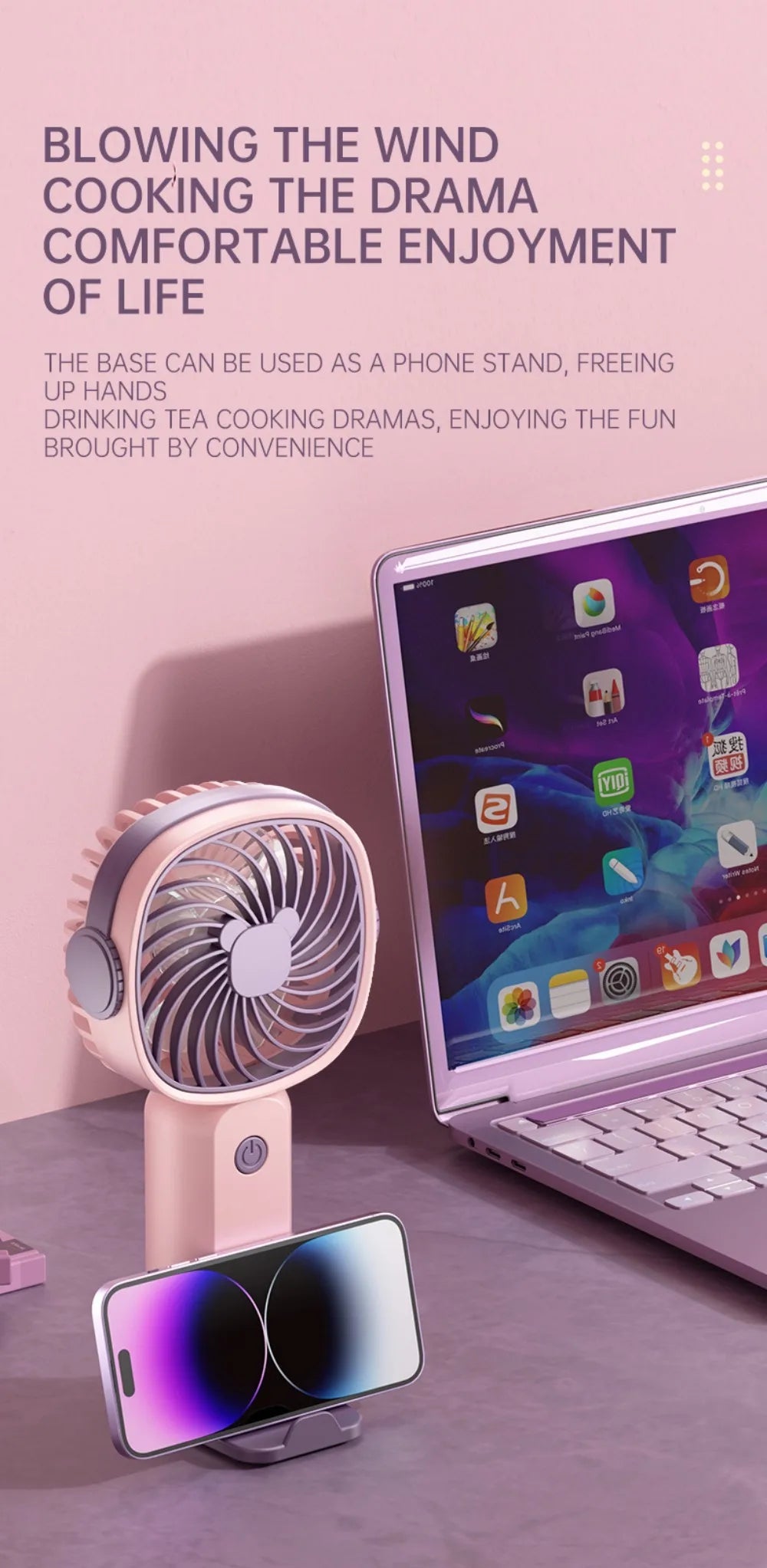 Portable Mini Fan USB Outdoor Handheld Fan with Desktop Phone Holder 3Wind Adjustments Long Working Life Multi-function Mini Fan