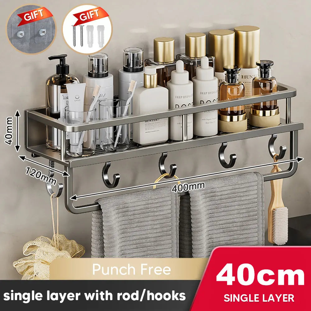 30/40/50CM Punch-Free Bathroom Shelf Shampoo Rack Aluminum Shower Organiser Without Drilling Toilet Shelf Bathroom Accessories