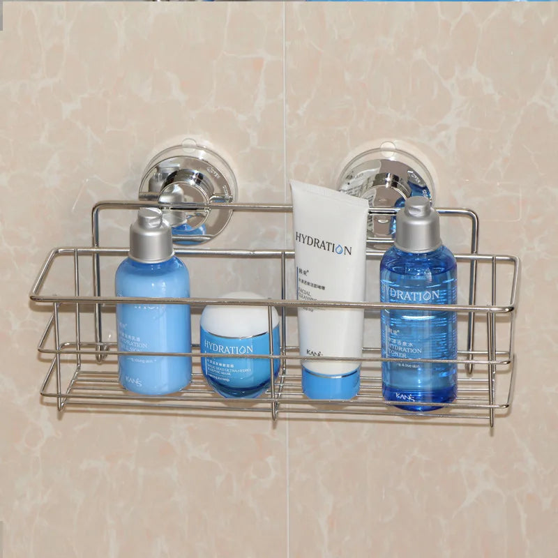 Bathroom Shelf Organizer Shower Storage Rack Stainless Steel Wall Mounted Toilet Shampoo Holder No Drill Vacuum Suction Cup