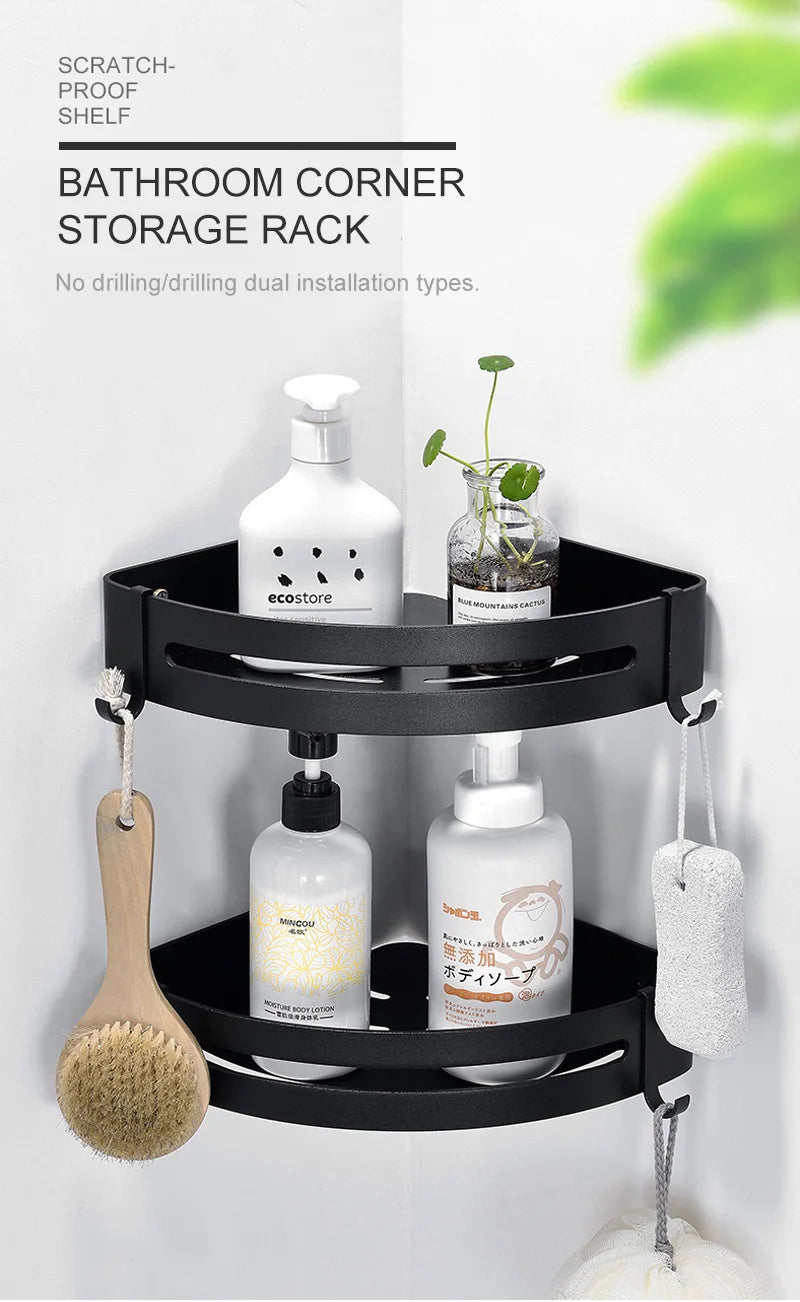 Bathroom Shelf Organizer Shower Storage Rack Black Corner Shelves Wall Mounted Aluminum Toilet Shampoo Holder No Drill