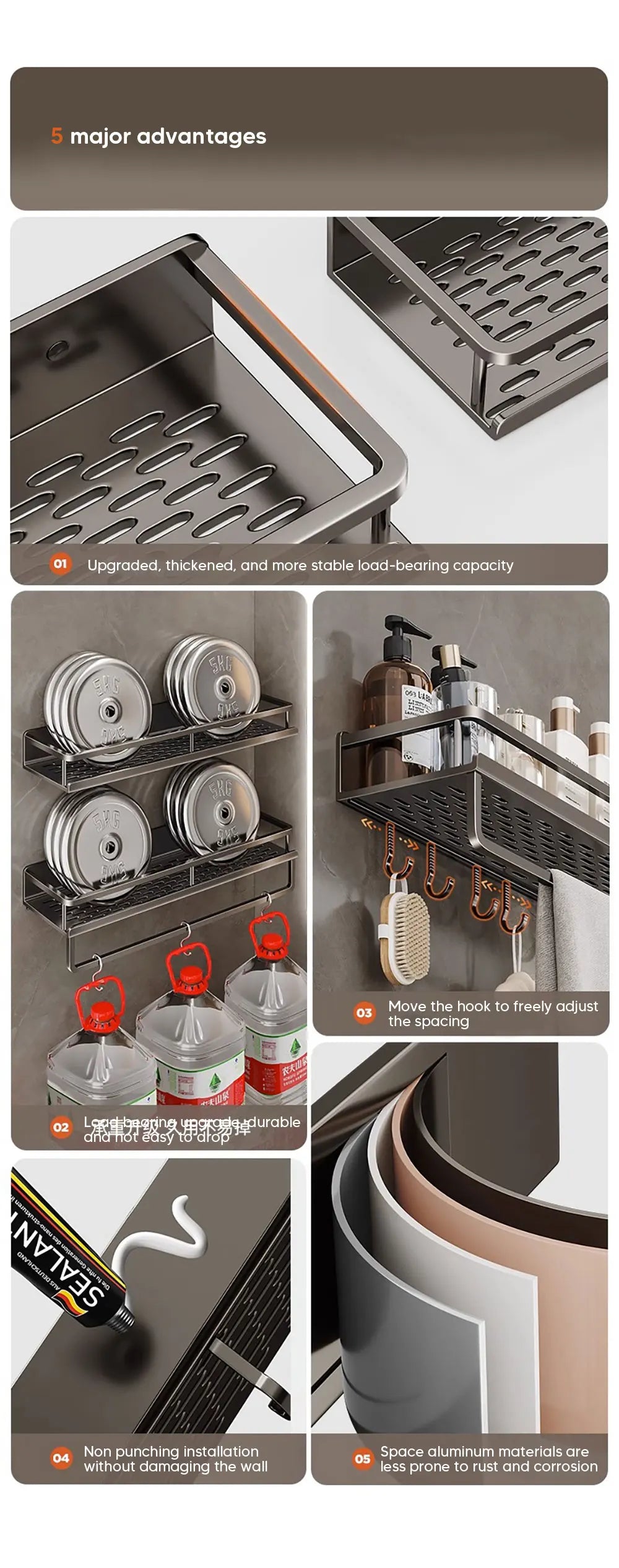 30/40/50CM Punch-Free Bathroom Shelf Shampoo Rack Aluminum Shower Organiser Without Drilling Toilet Shelf Bathroom Accessories