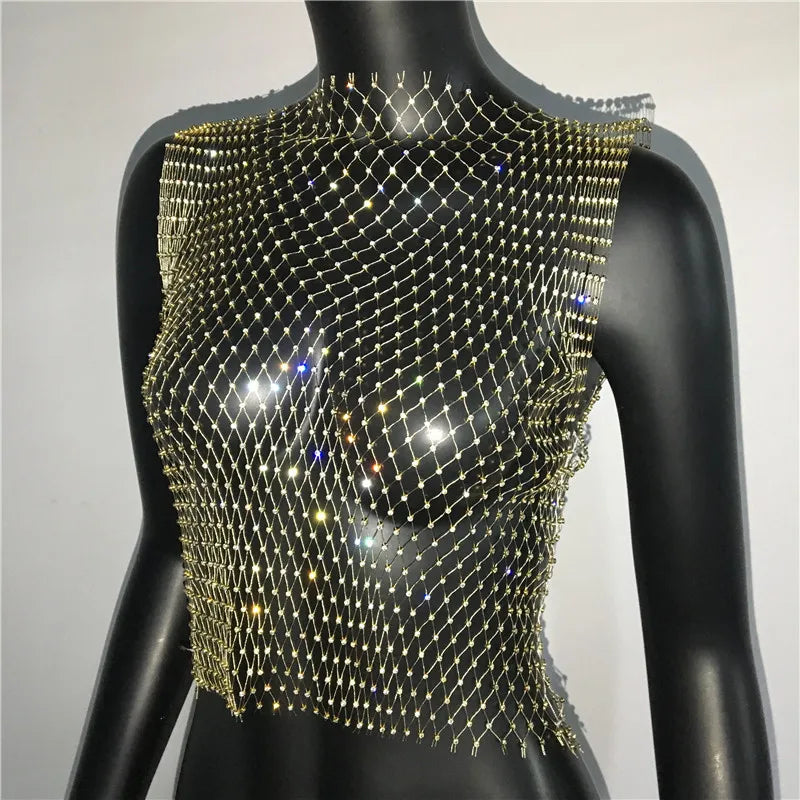 FestivalQueen Sexy Diamonds Mesh Cropped Tank Top Women Summer Cover Up Bikini See Through Rhinestone Net Party Club Crop Top