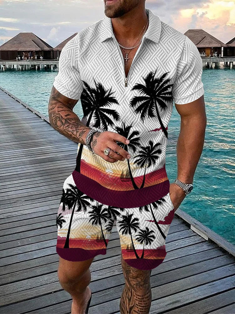 Funny Coconut Tree Print Men's Sets Summer Fashion Zip Polo Short Sleeve Tops +Shorts Outfit Hawaiian Beach Vacation Casual Suit