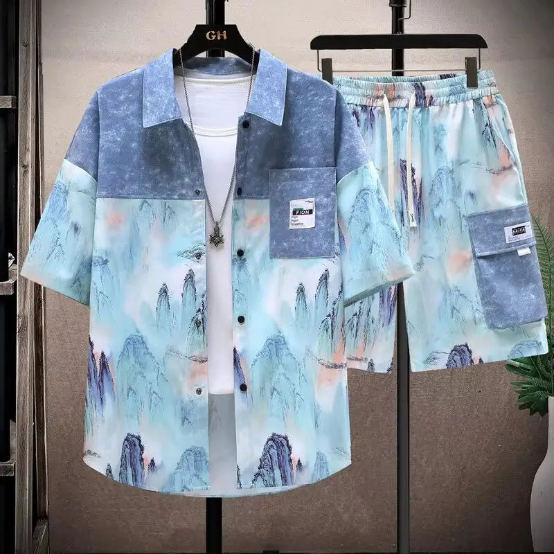 Shirts + shorts 2025 summer Sportswear Men's fashion short sleeve printing Sets Male shirts and shorts Casual Shirts Two Piece