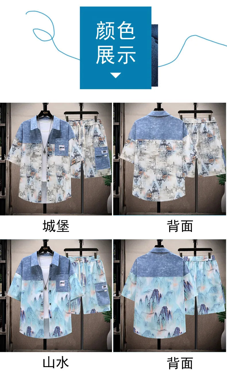 Shirts + shorts 2025 summer Sportswear Men's fashion short sleeve printing Sets Male shirts and shorts Casual Shirts Two Piece