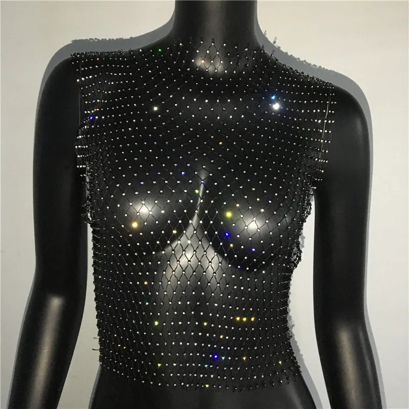 FestivalQueen Sexy Diamonds Mesh Cropped Tank Top Women Summer Cover Up Bikini See Through Rhinestone Net Party Club Crop Top