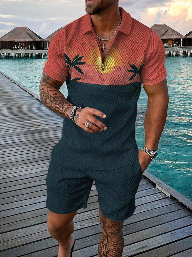 Funny Coconut Tree Print Men's Sets Summer Fashion Zip Polo Short Sleeve Tops +Shorts Outfit Hawaiian Beach Vacation Casual Suit