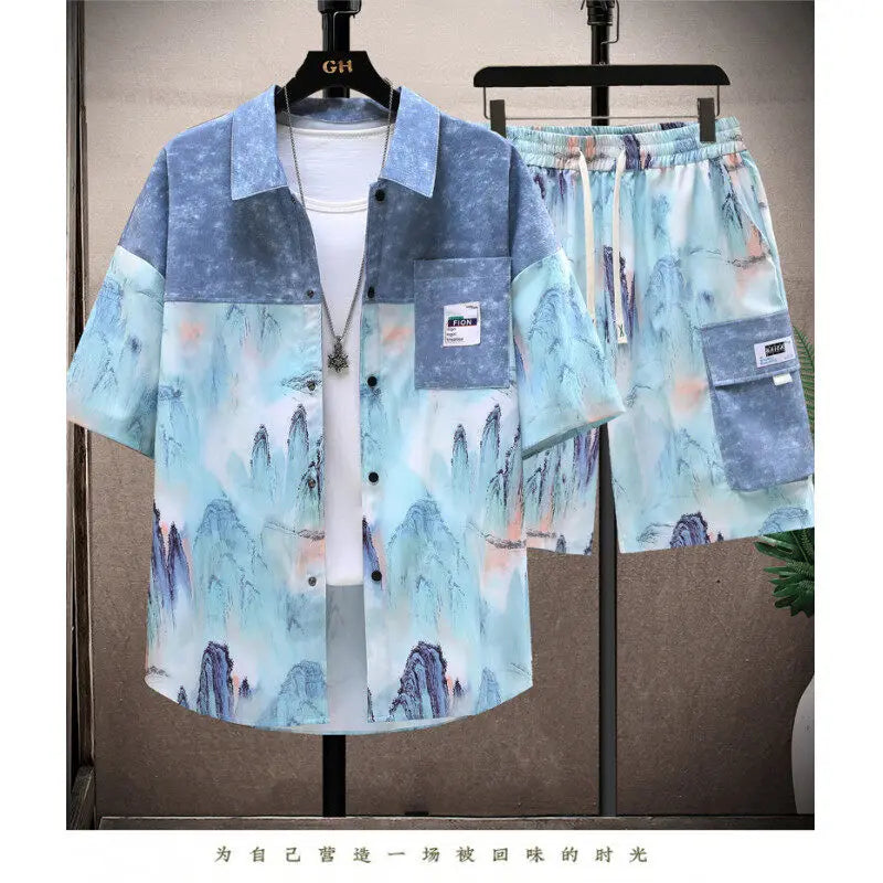 Shirts + shorts 2025 summer Sportswear Men's fashion short sleeve printing Sets Male shirts and shorts Casual Shirts Two Piece