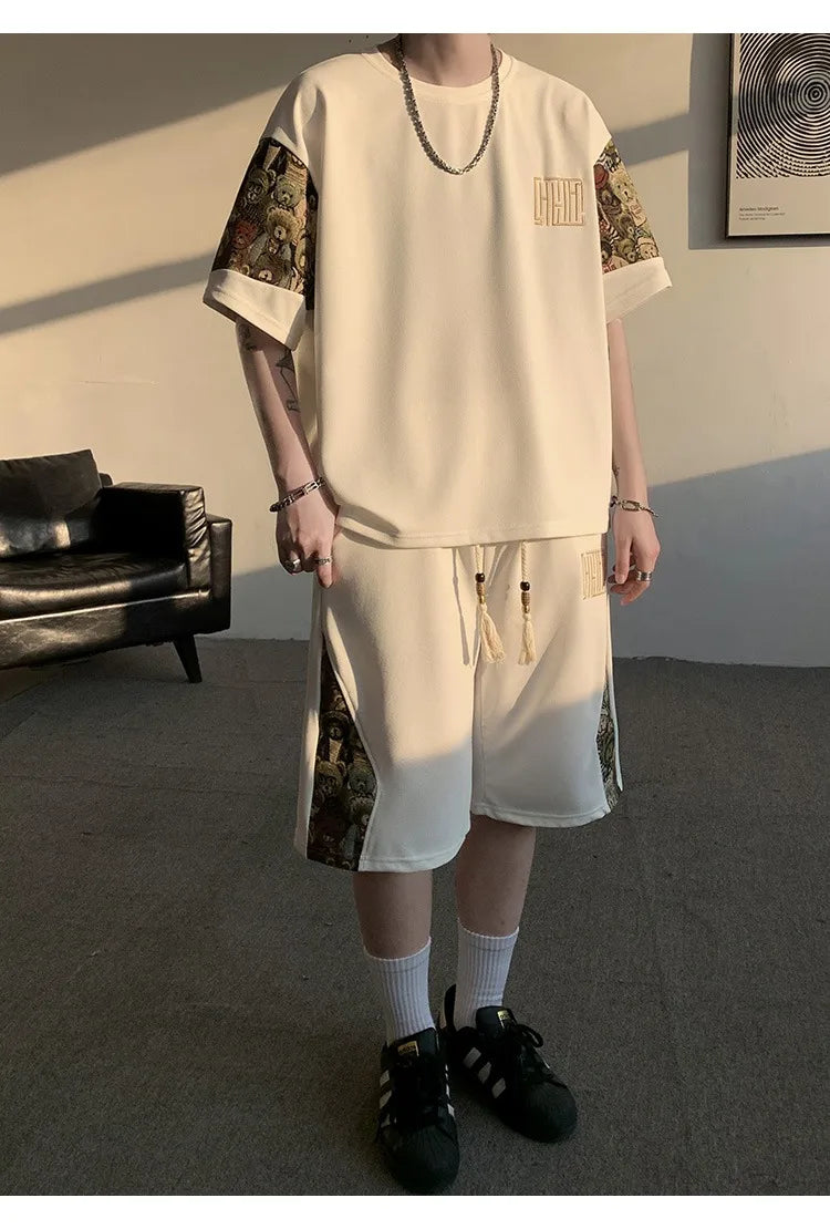2025 Summer Leisure Men Set Bear Graffiti Tees T-shirt+shorts 2-piece Comfortable and Breathable for Men Top Print Tshirts Sets