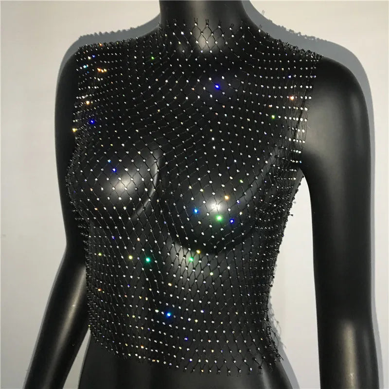 FestivalQueen Sexy Diamonds Mesh Cropped Tank Top Women Summer Cover Up Bikini See Through Rhinestone Net Party Club Crop Top