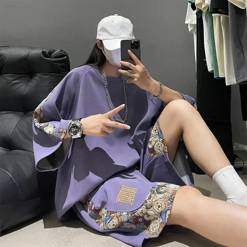 Sweatshirts Tracksuit T-shirts Shorts Suits For Men Spliced Graphic Sweatsuit Cotton Man Sets Luxury Offer Youthful Emo Kpop Xl