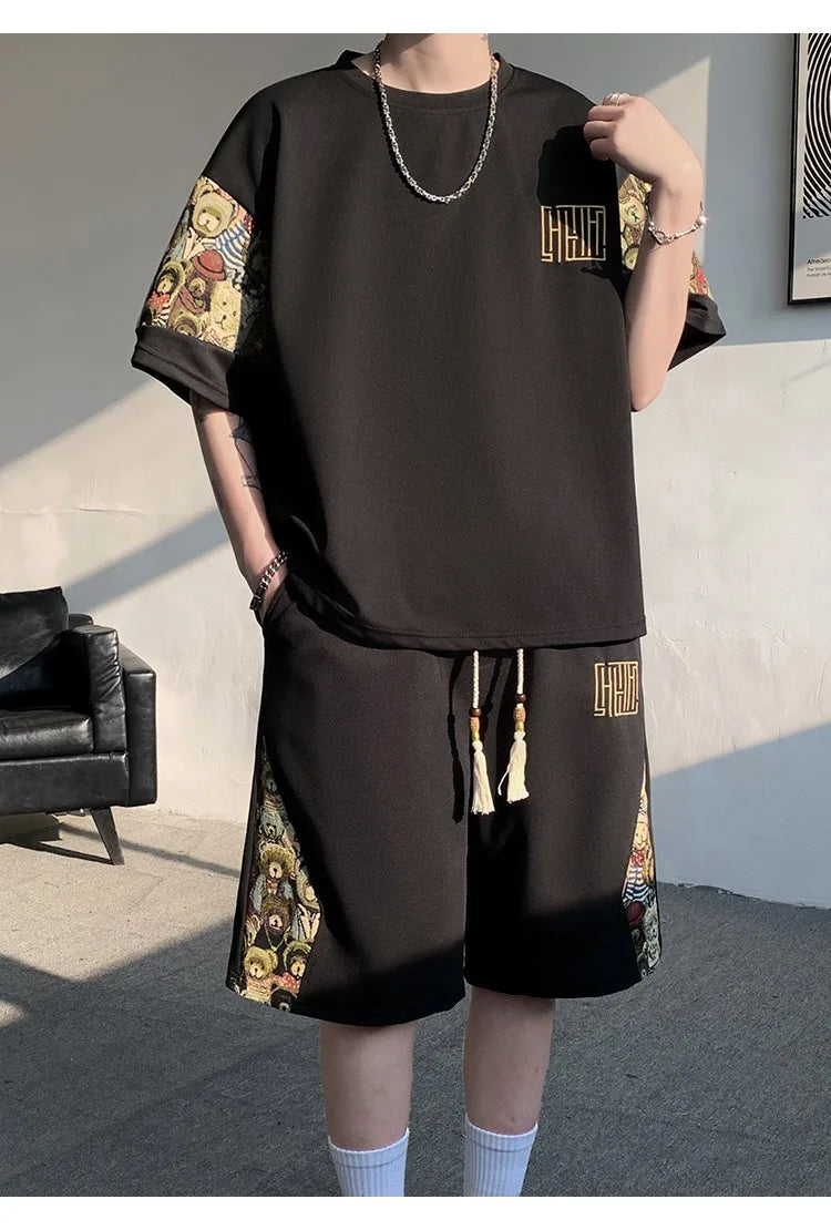 2025 Summer Leisure Men Set Bear Graffiti Tees T-shirt+shorts 2-piece Comfortable and Breathable for Men Top Print Tshirts Sets