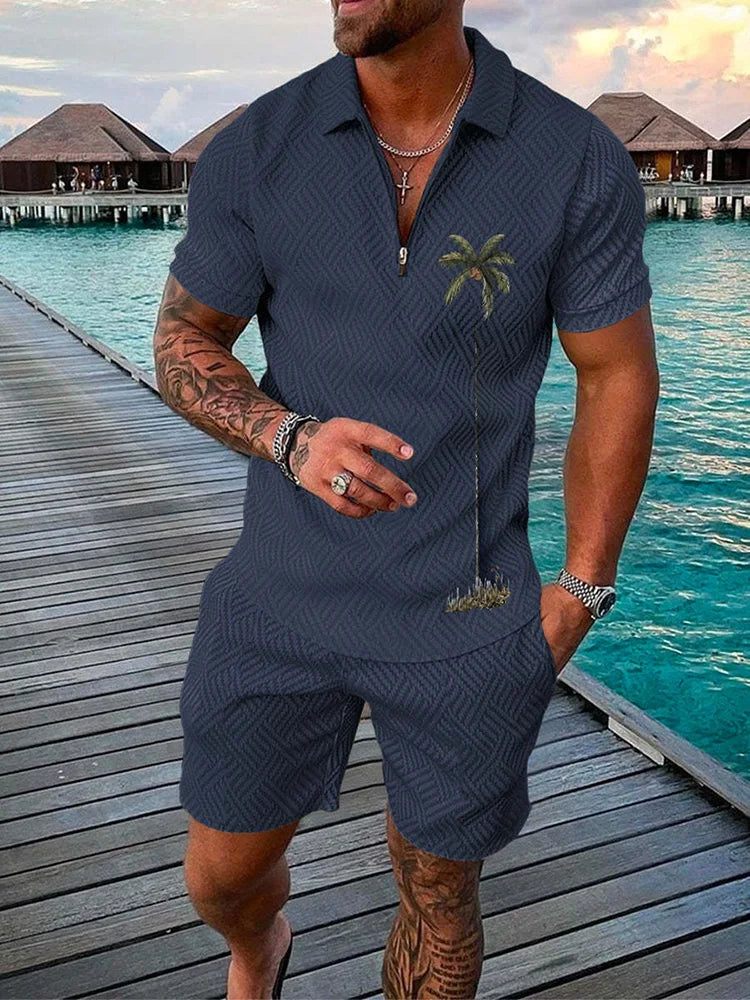 Funny Coconut Tree Print Men's Sets Summer Fashion Zip Polo Short Sleeve Tops +Shorts Outfit Hawaiian Beach Vacation Casual Suit
