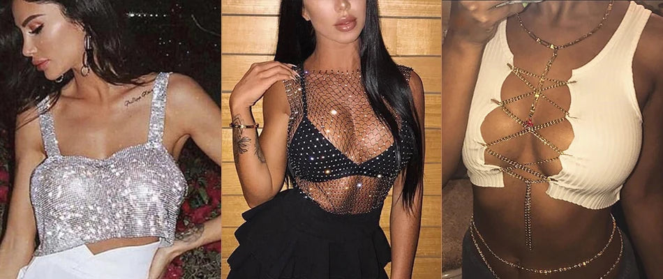 2025 Glitter Nightclub Backless Rhinestone Tank Top Women Sexy Metal Crystal Diamonds Sequined Night Club Party Wear Crop Top