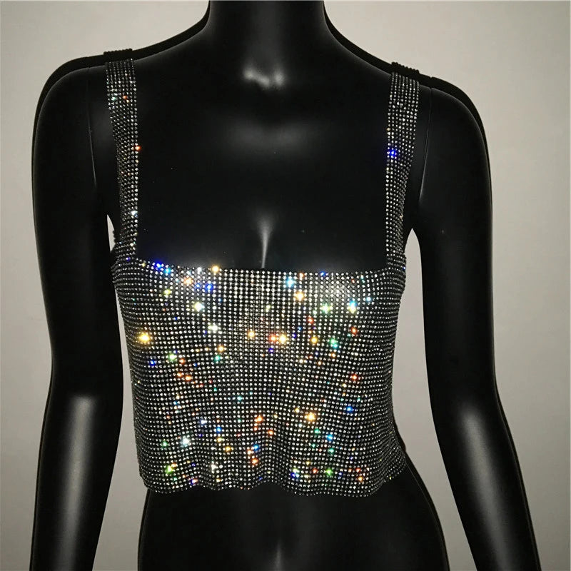 2025 Glitter Nightclub Backless Rhinestone Tank Top Women Sexy Metal Crystal Diamonds Sequined Night Club Party Wear Crop Top