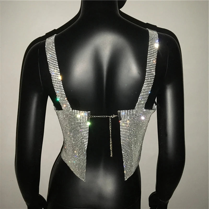 2025 Glitter Nightclub Backless Rhinestone Tank Top Women Sexy Metal Crystal Diamonds Sequined Night Club Party Wear Crop Top