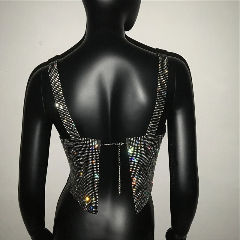 2025 Glitter Nightclub Backless Rhinestone Tank Top Women Sexy Metal Crystal Diamonds Sequined Night Club Party Wear Crop Top