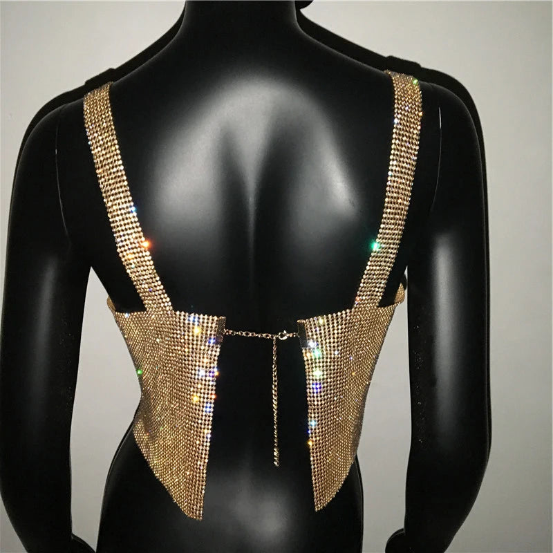 2025 Glitter Nightclub Backless Rhinestone Tank Top Women Sexy Metal Crystal Diamonds Sequined Night Club Party Wear Crop Top