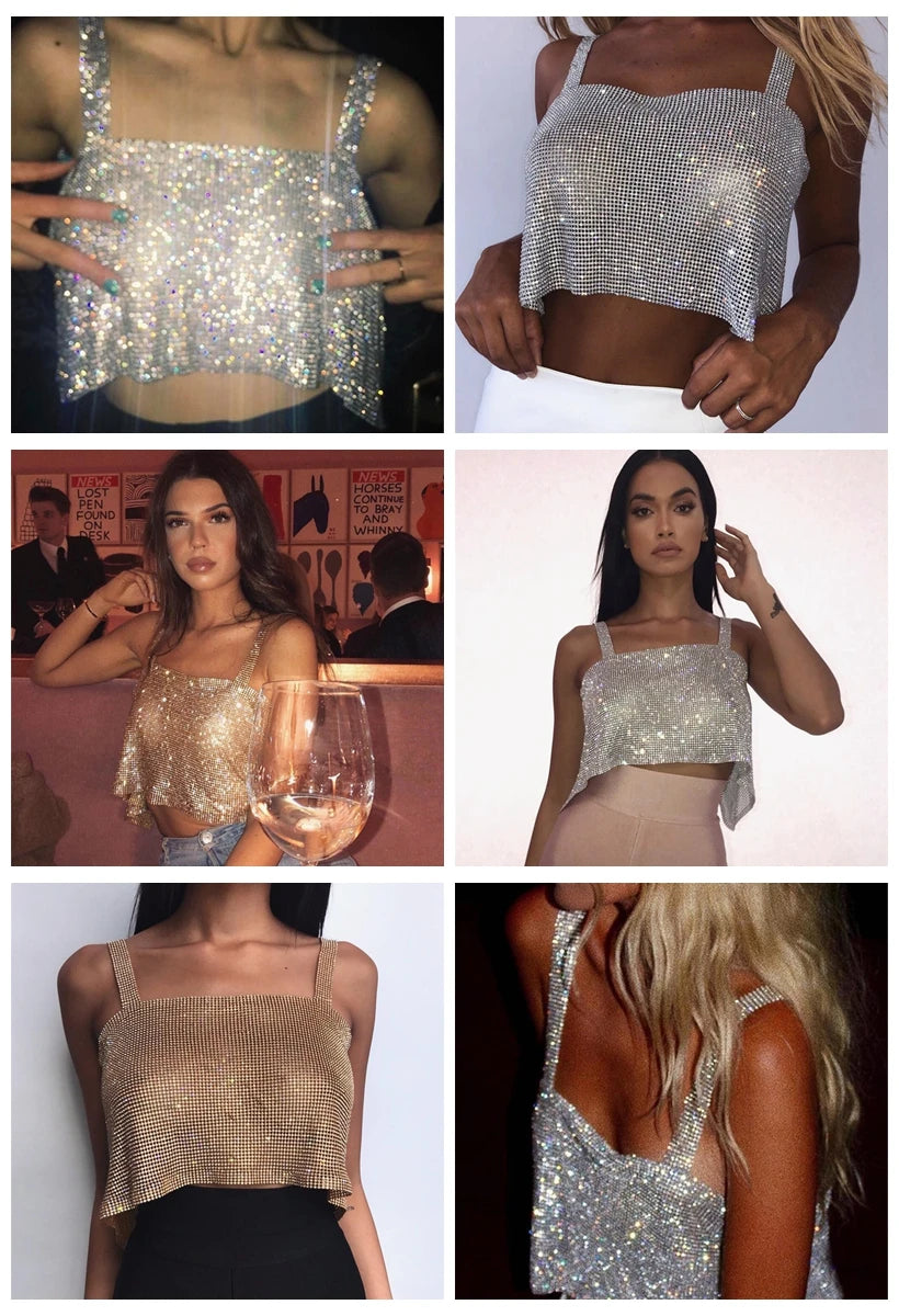 2025 Glitter Nightclub Backless Rhinestone Tank Top Women Sexy Metal Crystal Diamonds Sequined Night Club Party Wear Crop Top