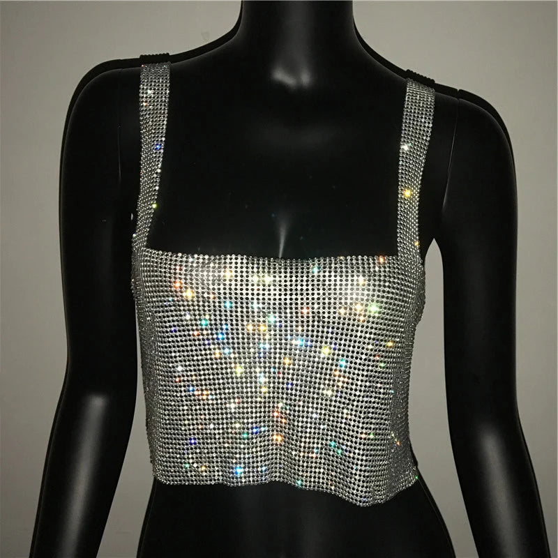 2025 Glitter Nightclub Backless Rhinestone Tank Top Women Sexy Metal Crystal Diamonds Sequined Night Club Party Wear Crop Top