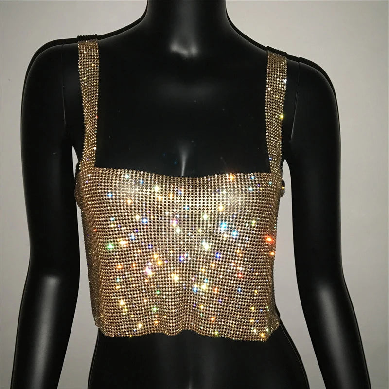 2025 Glitter Nightclub Backless Rhinestone Tank Top Women Sexy Metal Crystal Diamonds Sequined Night Club Party Wear Crop Top