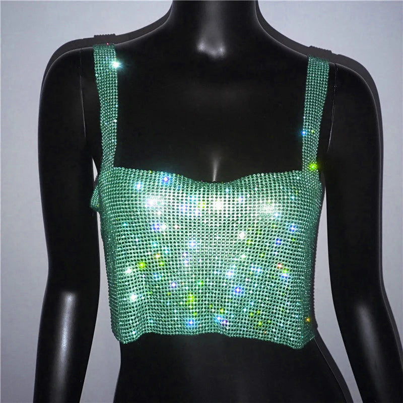 2025 Glitter Nightclub Backless Rhinestone Tank Top Women Sexy Metal Crystal Diamonds Sequined Night Club Party Wear Crop Top