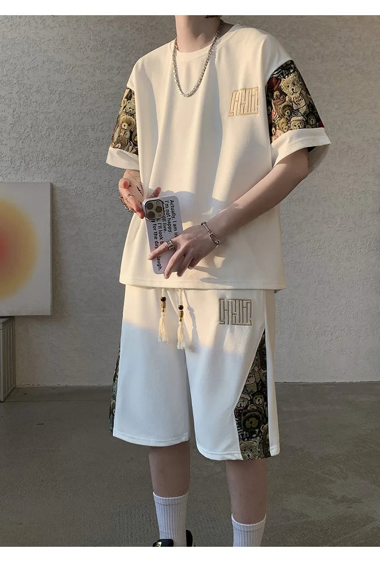 2025 Summer Leisure Men Set Bear Graffiti Tees T-shirt+shorts 2-piece Comfortable and Breathable for Men Top Print Tshirts Sets