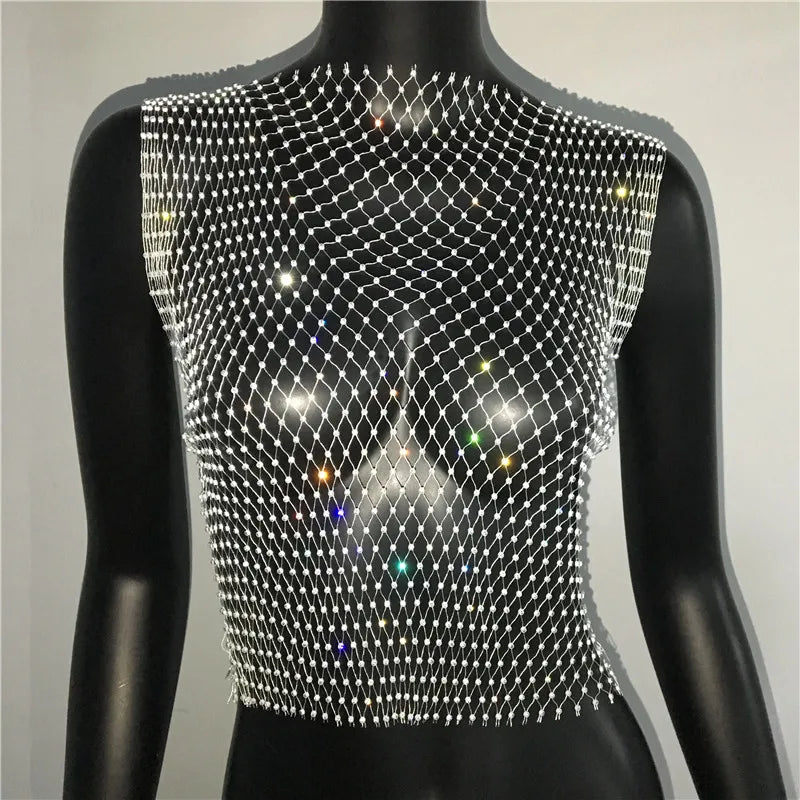 FestivalQueen Sexy Diamonds Mesh Cropped Tank Top Women Summer Cover Up Bikini See Through Rhinestone Net Party Club Crop Top