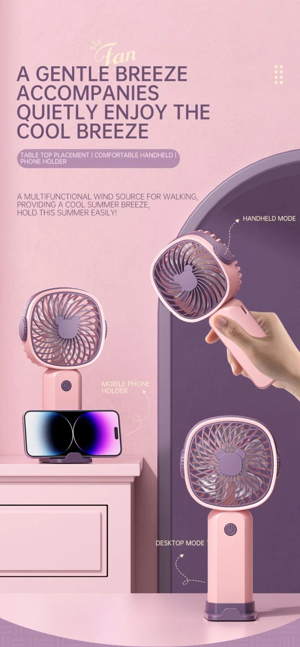 Portable Mini Fan USB Outdoor Handheld Fan with Desktop Phone Holder 3Wind Adjustments Long Working Life Multi-function Mini Fan