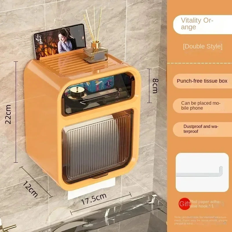 Toilet Tissue Box, Wall Mounted Roll Paper Tube, Paper Drawer, Storage, Bathroom Double Layer Storage Rack Toilet Roll Holder