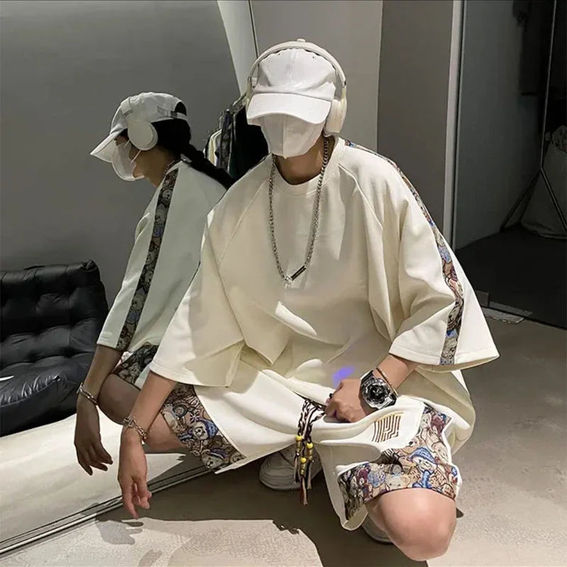 Sweatshirts Tracksuit T-shirts Shorts Suits For Men Spliced Graphic Sweatsuit Cotton Man Sets Luxury Offer Youthful Emo Kpop Xl