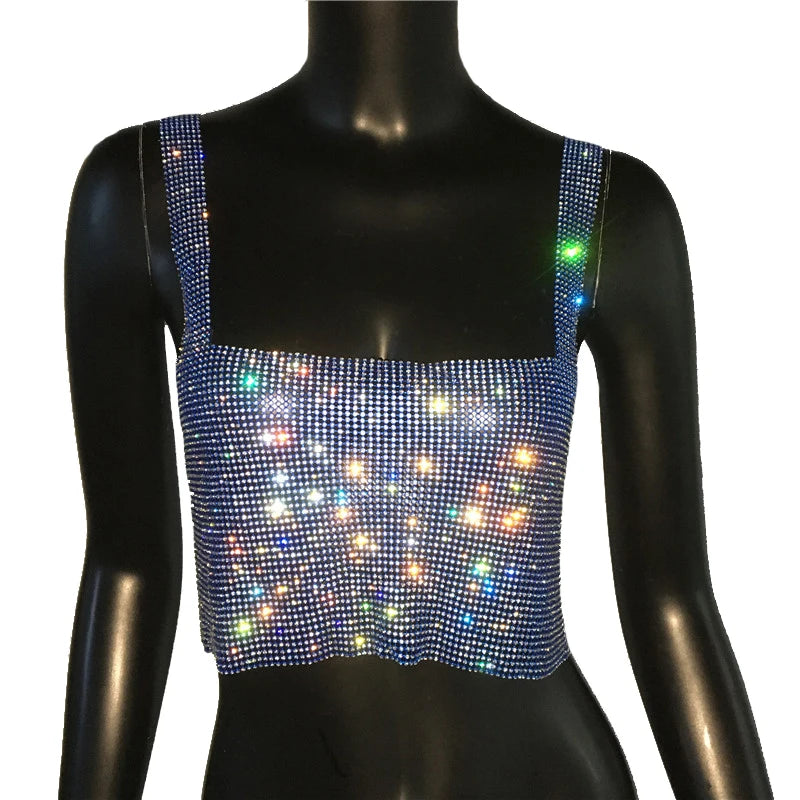 2025 Glitter Nightclub Backless Rhinestone Tank Top Women Sexy Metal Crystal Diamonds Sequined Night Club Party Wear Crop Top