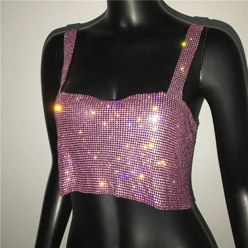2025 Glitter Nightclub Backless Rhinestone Tank Top Women Sexy Metal Crystal Diamonds Sequined Night Club Party Wear Crop Top