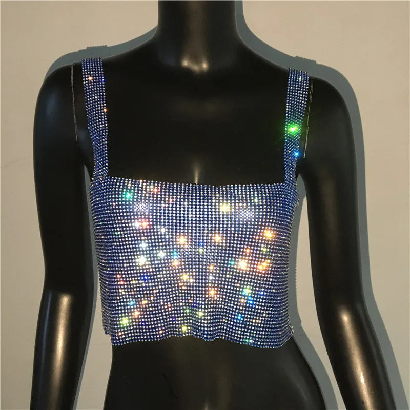 2025 Glitter Nightclub Backless Rhinestone Tank Top Women Sexy Metal Crystal Diamonds Sequined Night Club Party Wear Crop Top