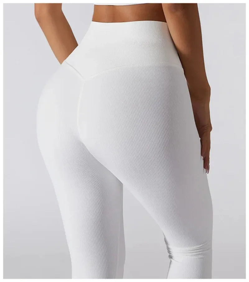 High Waist Yoga Pants Women Seamless Sport Pants Ribbed Knitted Fitness Leggings Solid White Running Pants Quick Dry Gym Leggins