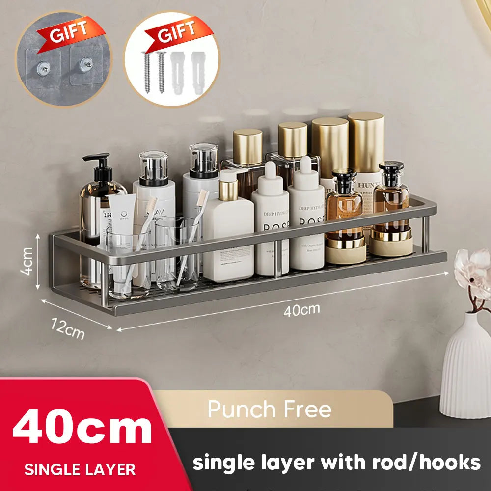 30/40/50CM Punch-Free Bathroom Shelf Shampoo Rack Aluminum Shower Organiser Without Drilling Toilet Shelf Bathroom Accessories